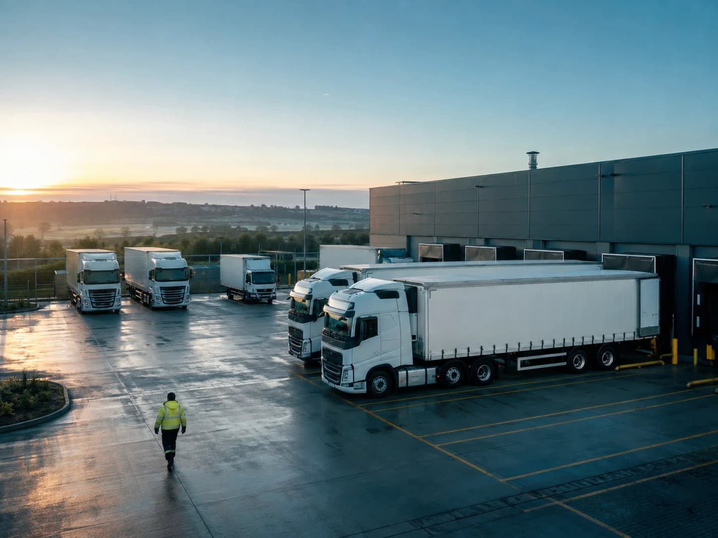 An early-morning haulage depot with trucks ready to leave Milton Keynes.
