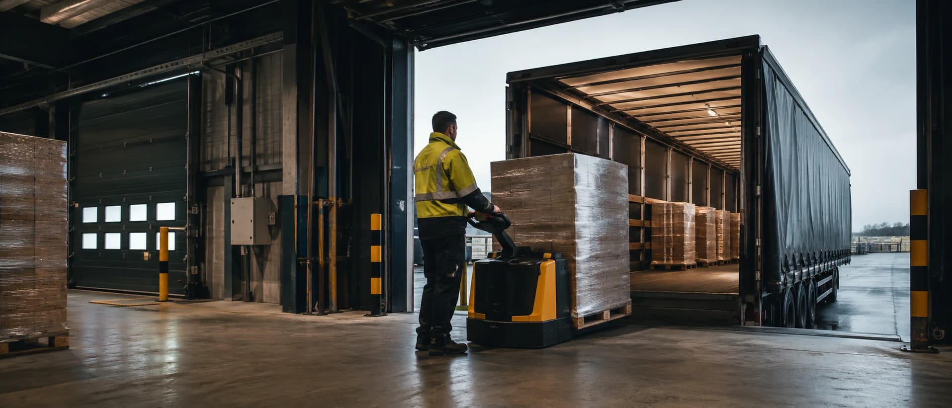 A pallet truck loading shrink-wrapped freight into a curtain-side trailer.