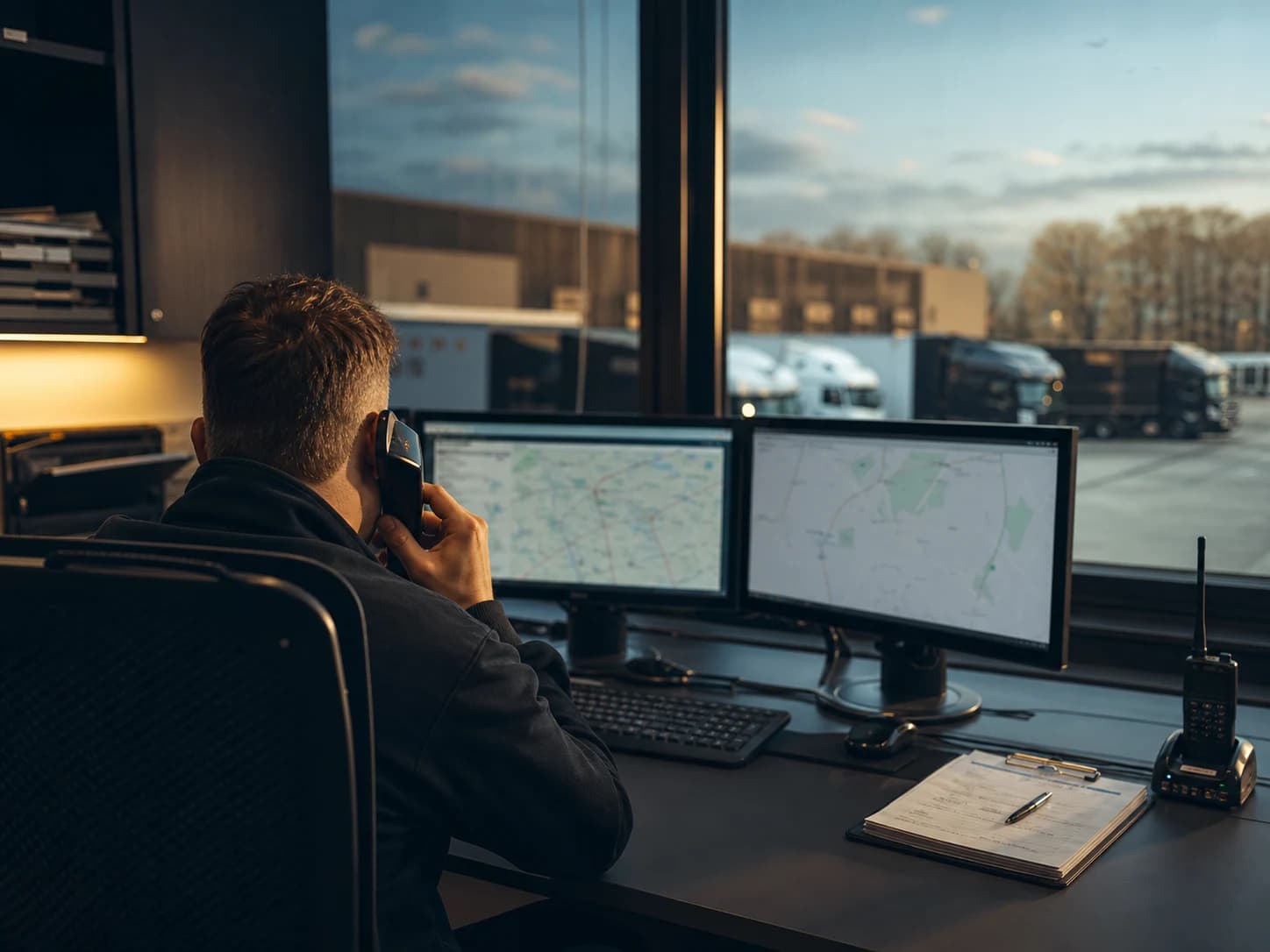 A dispatcher planning vehicle routes from a haulage office overlooking the yard.